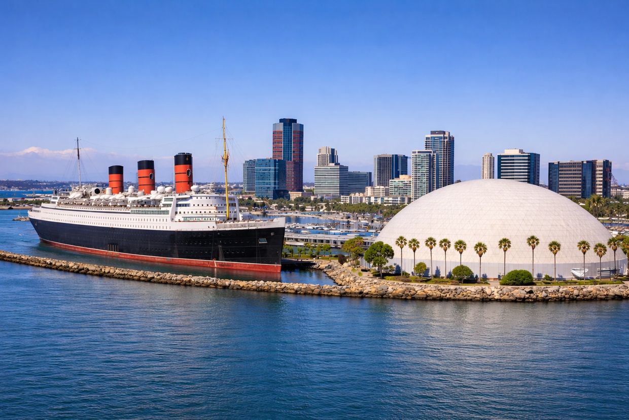 Historic ship and geodesic dome near a city skyline by the water.