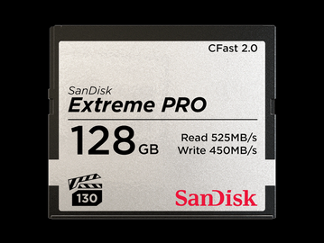 SanDisk Extreme PRO 128GB CFast 2.0 memory card with high read/write speeds.