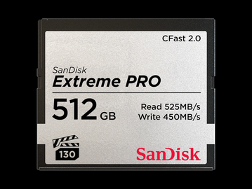 SanDisk Extreme PRO 512GB CFast 2.0 memory card with high read and write speeds.