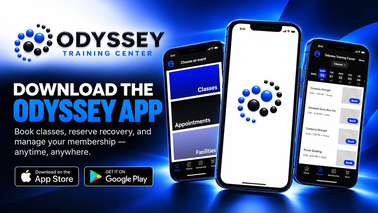 Odyssey Training Center app promotion with class booking features.