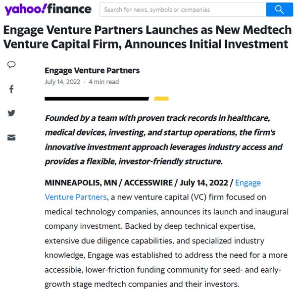 Engage Venture Partners launches new medtech venture capital firm, announces initial investment