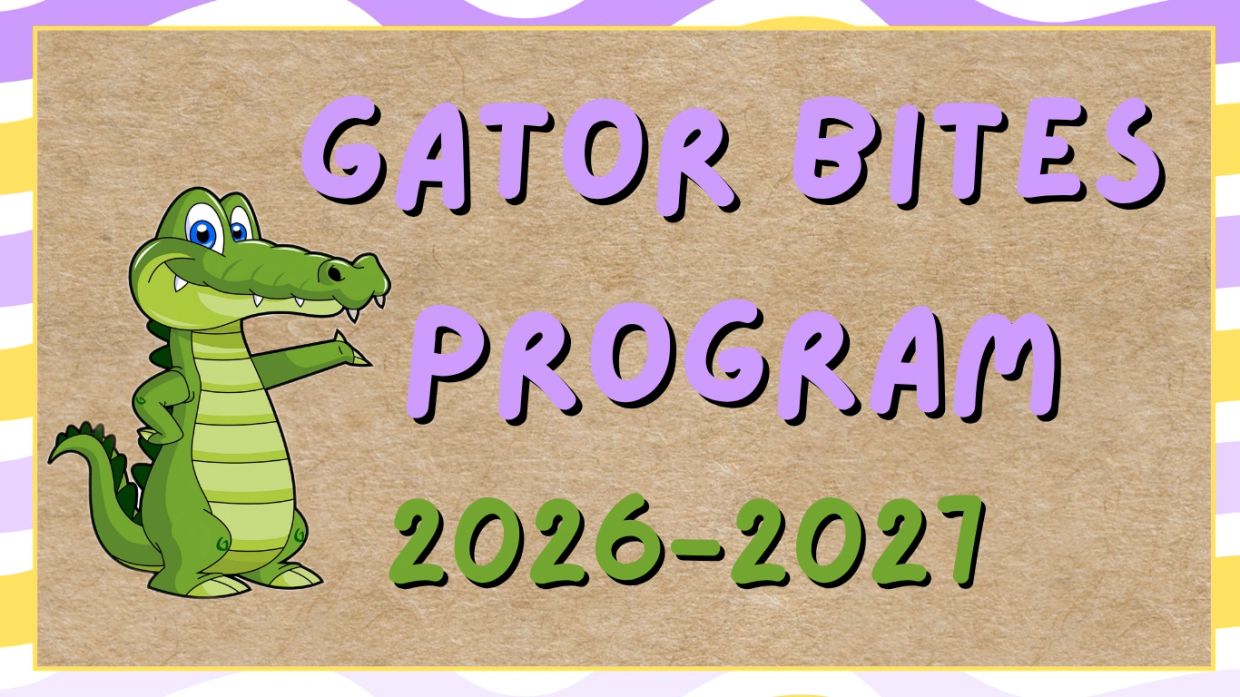 Cartoon alligator with Gator Bites Program 2026-2027 text.