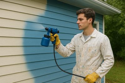 Spraying an exterior painting job for a residential customer