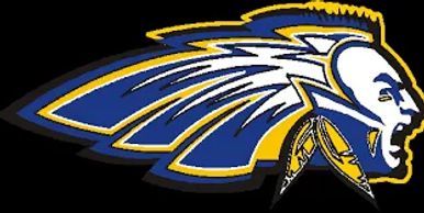 Blue and gold Native American warrior head logo with feathers.