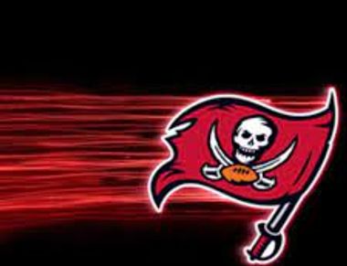 Tampa Bay Buccaneers logo with a dynamic red streak background.