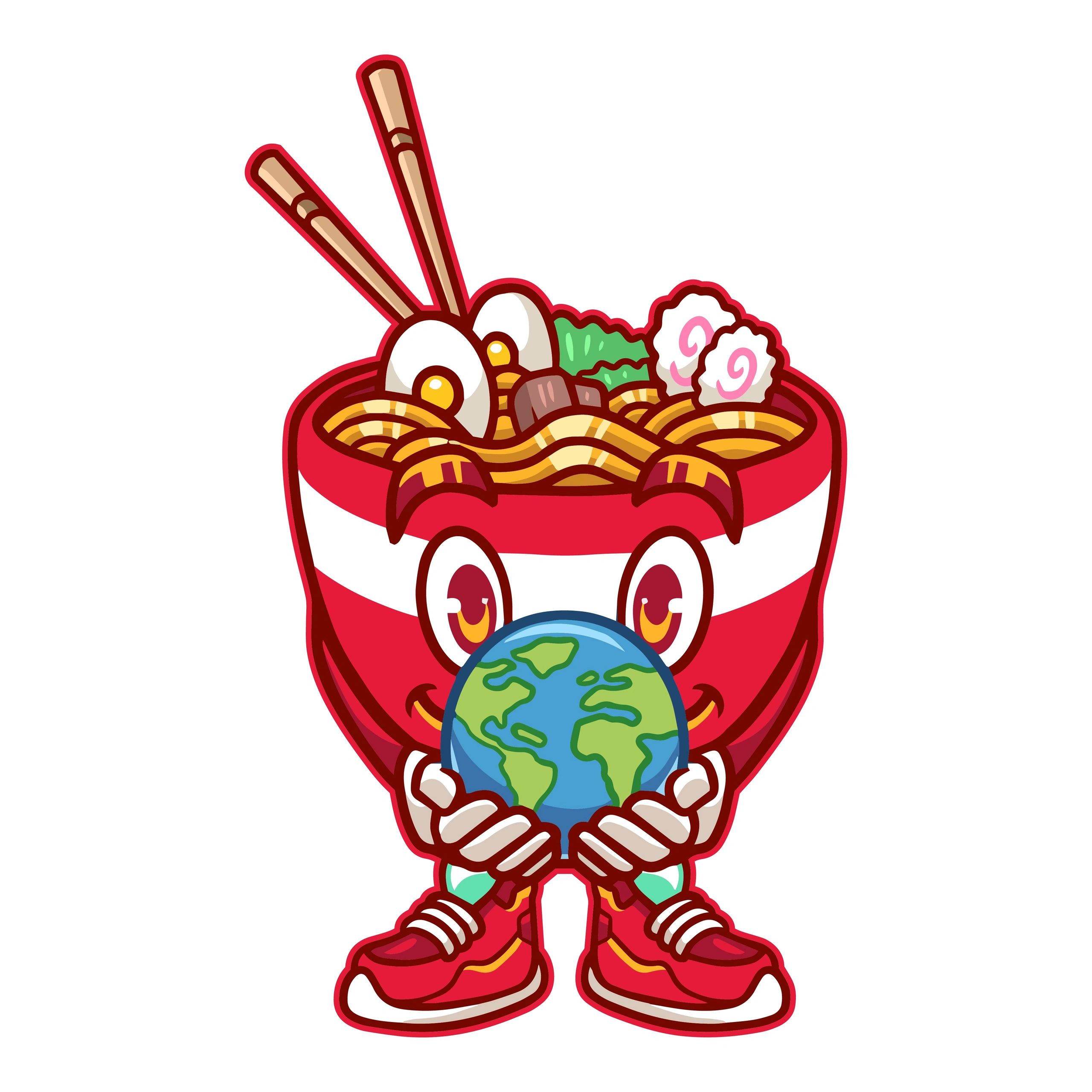 Ramens World mascot holding a world in hands with happy face