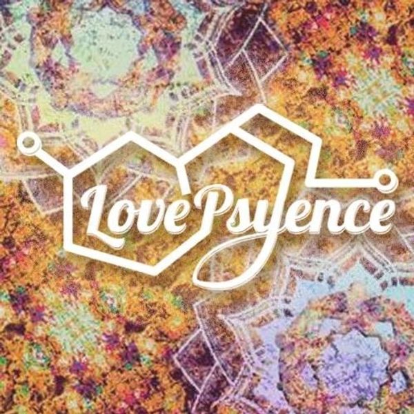 Colorful psychedelic background with the word 'Love Psyence' in stylized font.