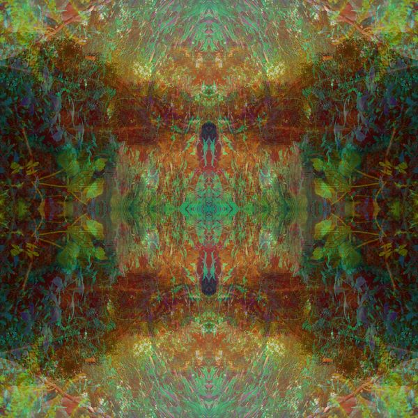 Symmetrical abstract pattern with green, orange, and brown hues resembling a dense forest.
