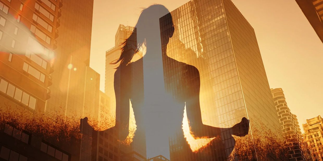 Silhouette of a person meditating with a cityscape background.
