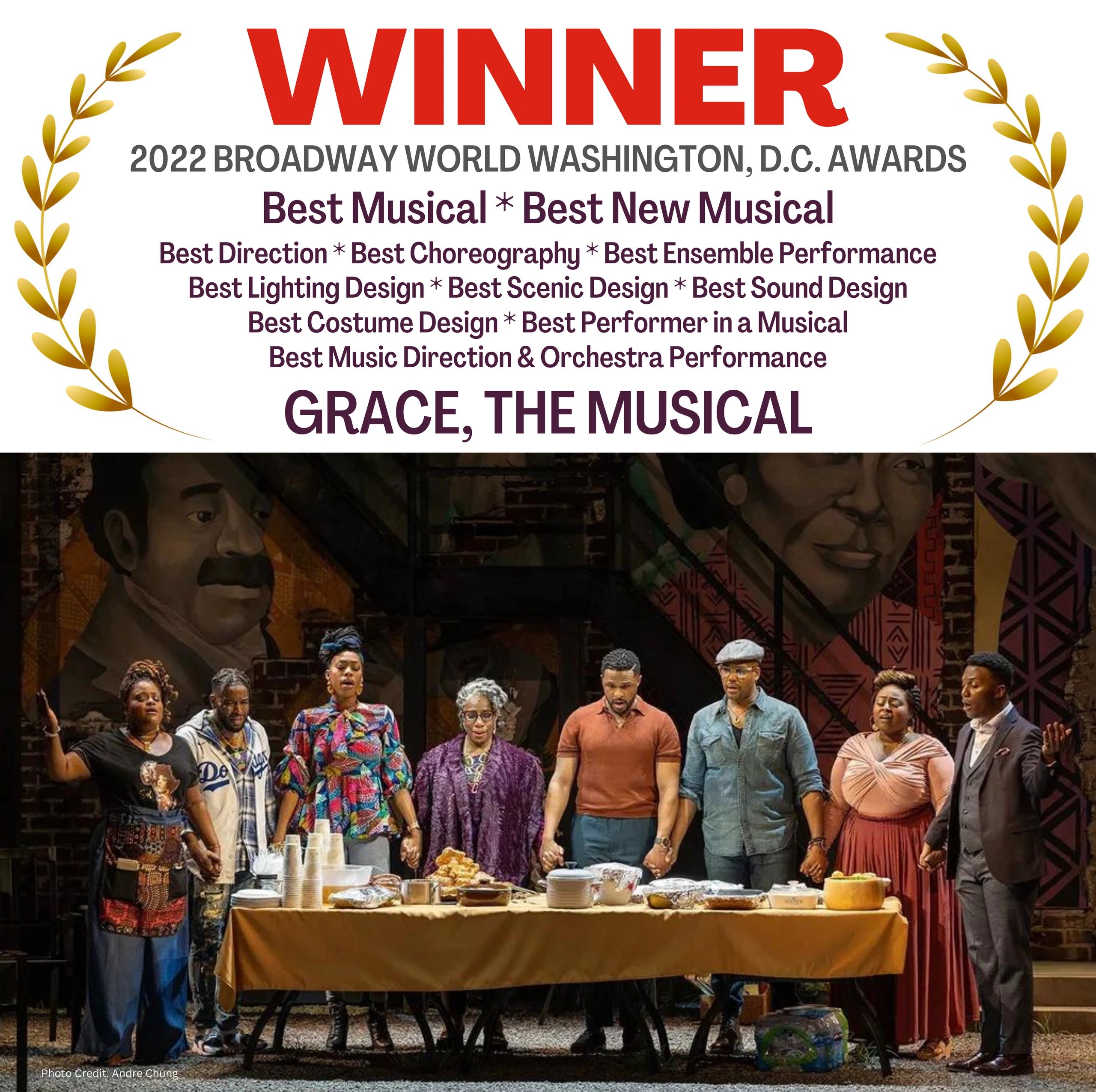 Cast of Grace, The Musical holding hands around a table with food.