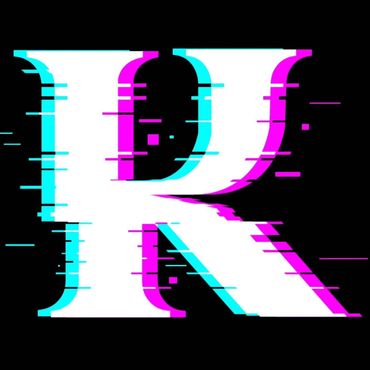 Glitch effect on a bold white letter R with cyan and magenta accents on black background.