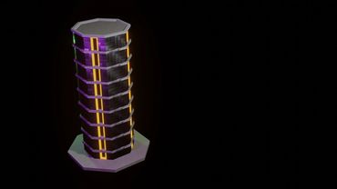 A futuristic octagonal tower with glowing yellow vertical lines on a dark background.