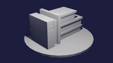 Minimalist 3D model of a building on a circular base.