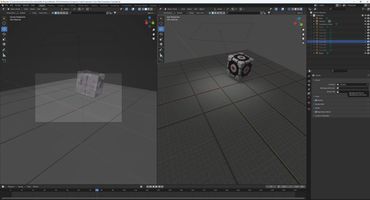 Blender interface showing a 3D scene with a companion cube and grid floor.