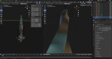 3D modeling interface showing a twisted, spiraling surface in Blender software.