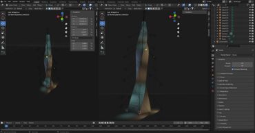 3D modeling interface showing a tall, twisted structure with lighting effects in Blender.
