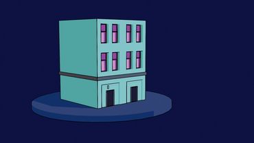 Simplistic cartoon building with purple windows on a dark blue background.