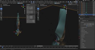 3D modeling interface showing a twisted, elongated structure in Blender software.