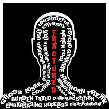 Exhibition concept art for an oil painting. Sillhouette made of negative words