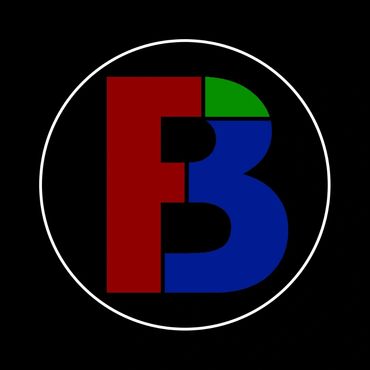 Logo with stylized letters F and B in red, blue, and green inside a white circle on black background.