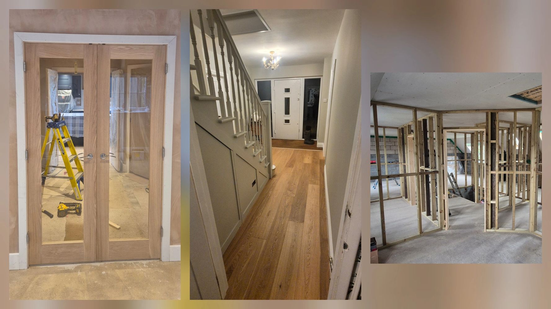 Three stages of home renovation: framing, door installation, and finished hallway with wood flooring.