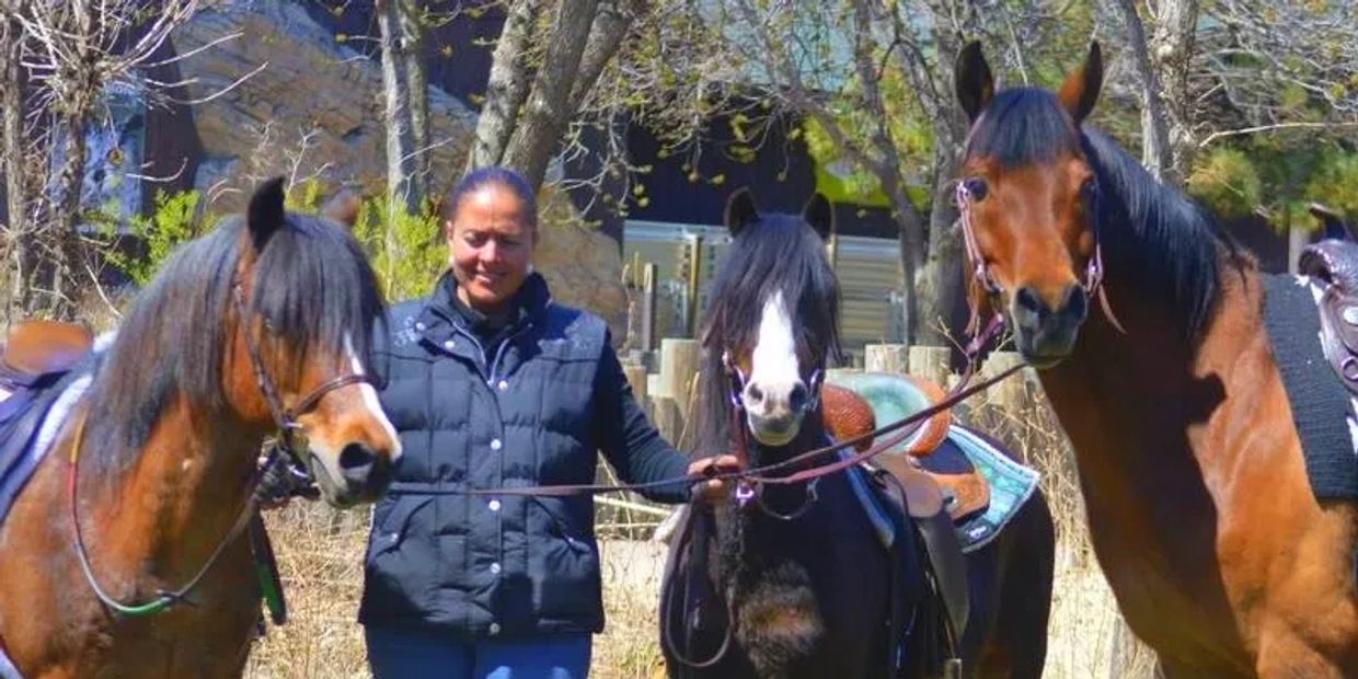 Woman with three saddled horses outdoors on a sunny day.