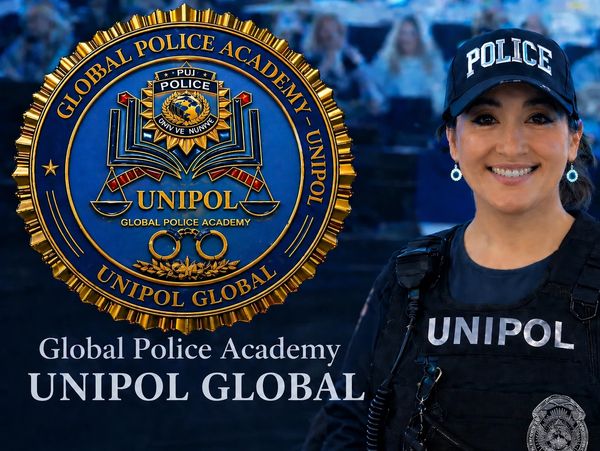 A smiling police officer stands beside the UNIPOL Global Police Academy emblem.
