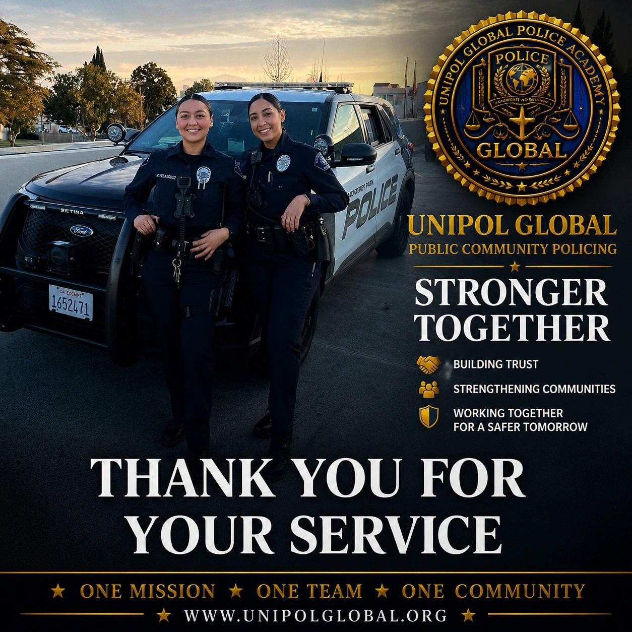 Two female police officers smiling in front of a police car, promoting Unipol Global community policing.