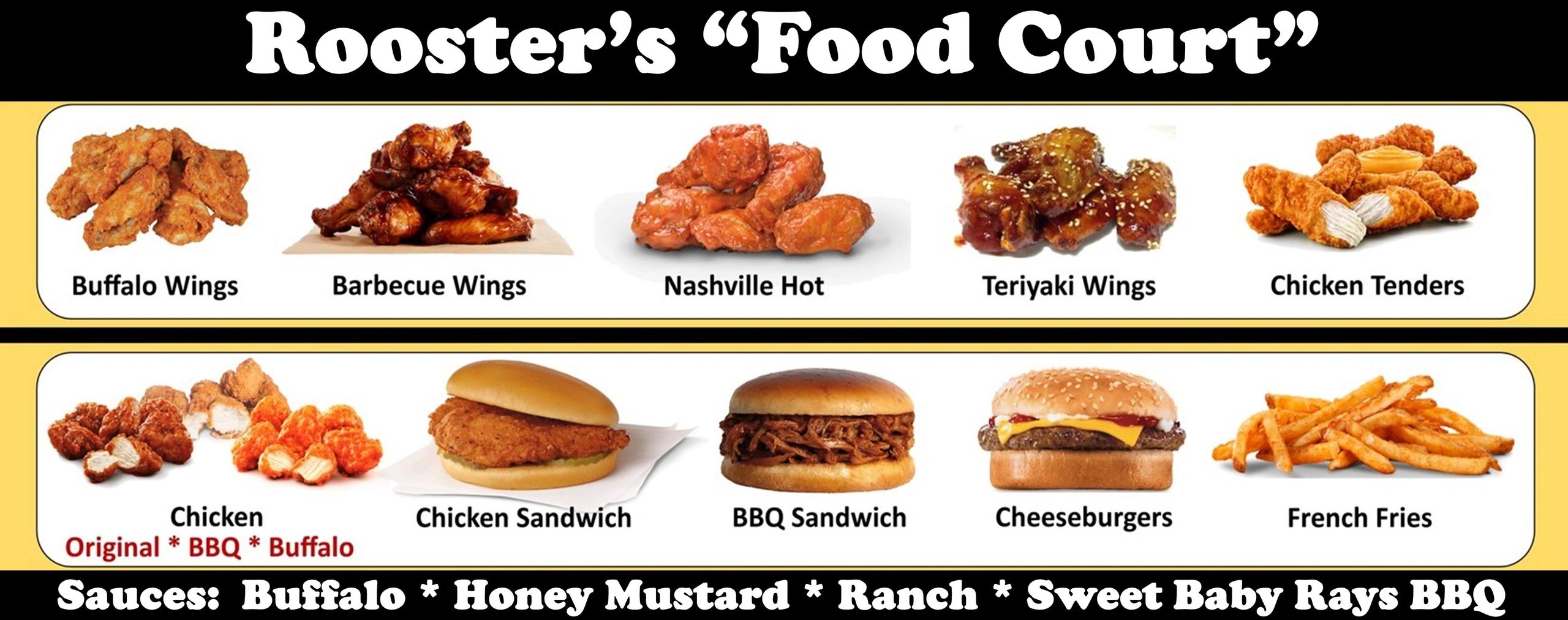 Menu of Rooster's food court featuring wings, sandwiches, fries, and sauces.