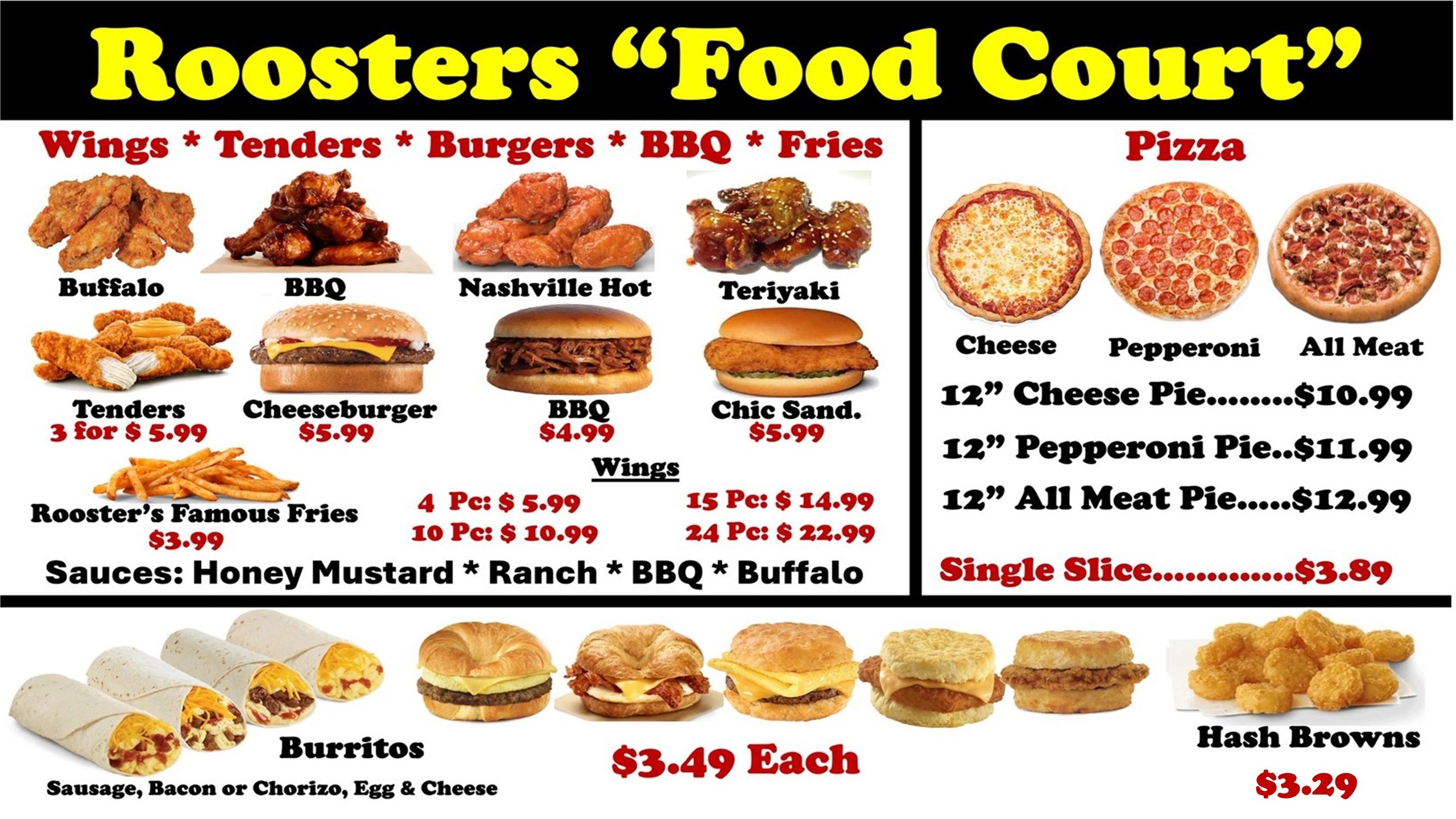 Roosters Food Court menu with wings, pizzas, burritos, and breakfast items.