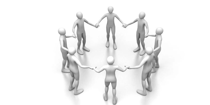 Eight 3D figures holding hands in a circle symbolizing unity.