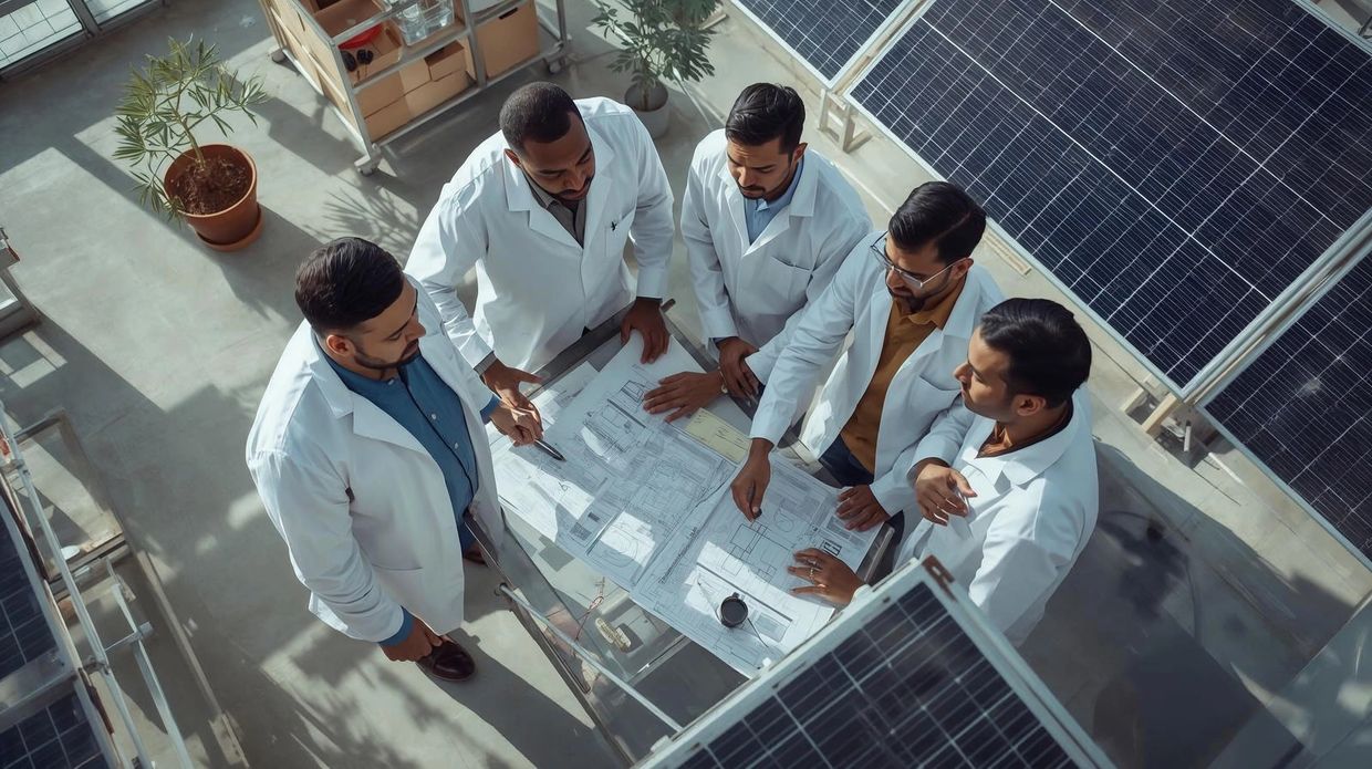 Five scientists in lab coats discuss blueprints near solar panels.
