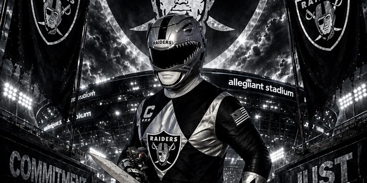 Futuristic Raiders fan in armored suit with helmet and sword at Allegiant Stadium.