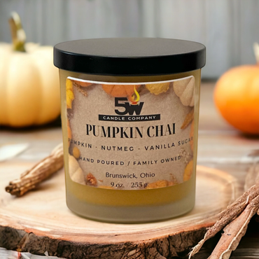 Enjoy the warm and cozy aroma of our 9 ounce Pumpkin Chai candle. With notes of pumpkin, nutmeg, van