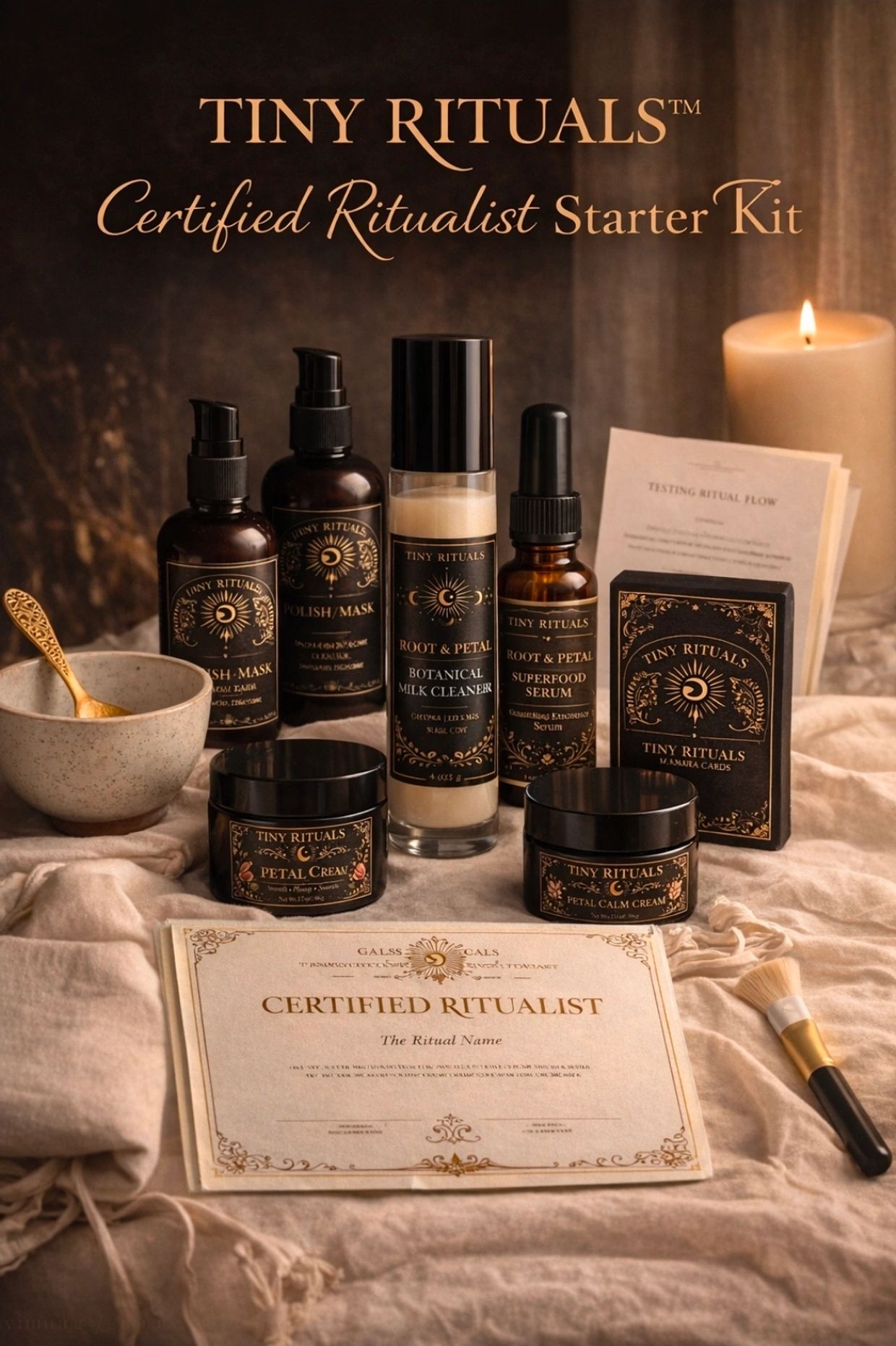 Tiny Rituals Certified Ritualist Starter Kit with skincare products and candle.
