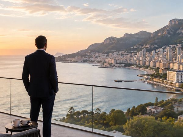Man in suit overlooks city and sea at sunset.