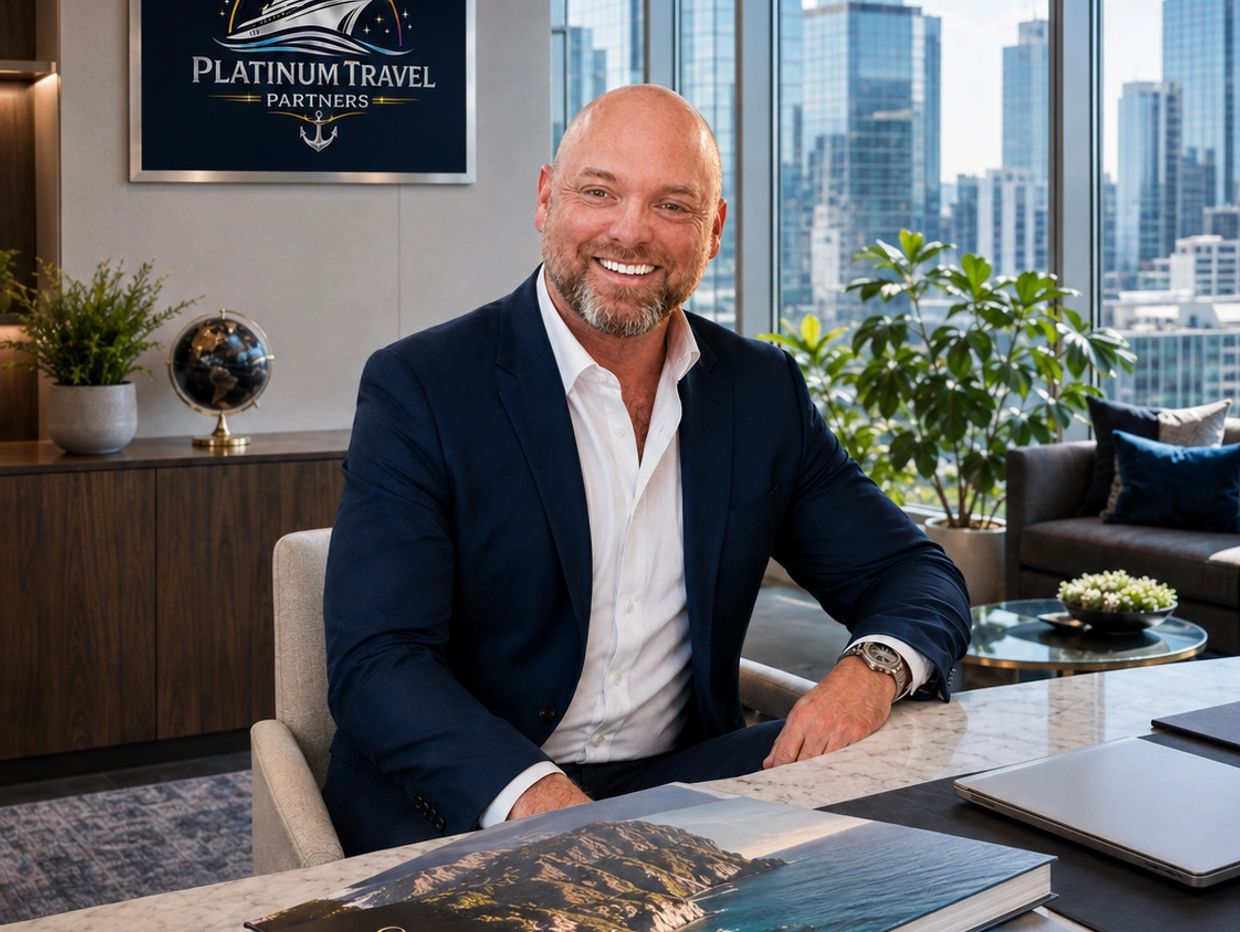 Smiling man in suit sitting at an office desk.
