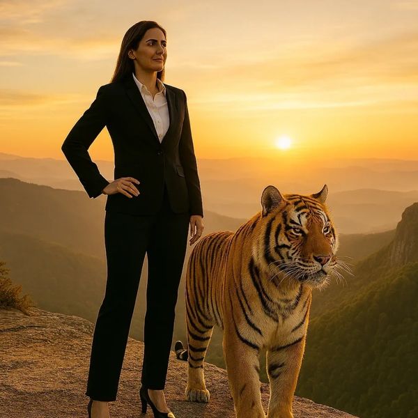 A confident woman in a suit stands beside a tiger at sunset on a cliff.