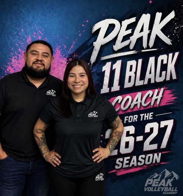 Two coaches in black Peak Volleyball shirts pose in front of a Peak 11 Black coach announcement.