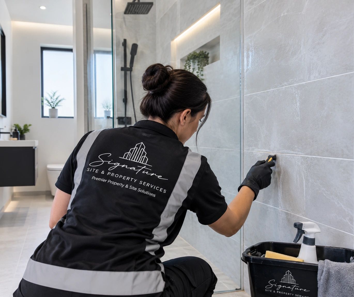 Professional cleaners cleaning a new build modern bathroom removing grout from tiles

