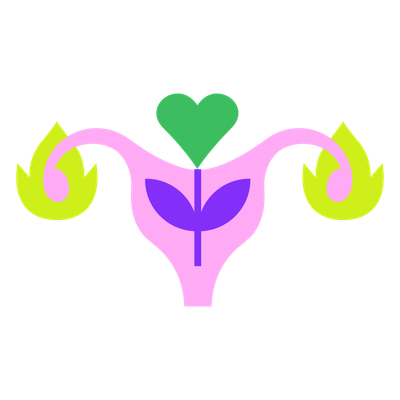 Stylized uterus with a green heart and purple leaves symbolizing fertility and love.