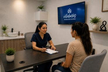 Healthcare professional consulting with a patient in a modern clinic.