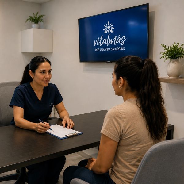 Healthcare professional consulting a patient in a modern office setting.