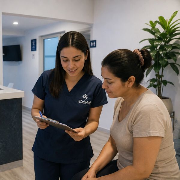 Healthcare professional discussing information with a patient in a clinic.