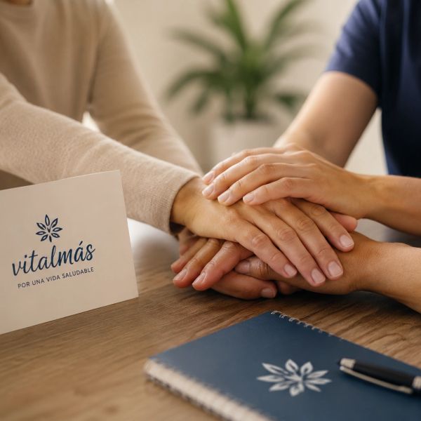 Hands joined in support beside a card and notebook with Vitalmás logo.