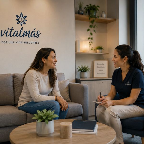 Two women engaged in a friendly consultation in a cozy wellness office.