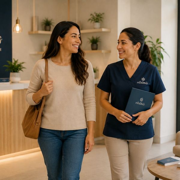 Two women smiling and walking in a modern clinic lobby.