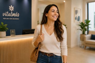 A smiling woman with a bag standing in a modern wellness center lobby.