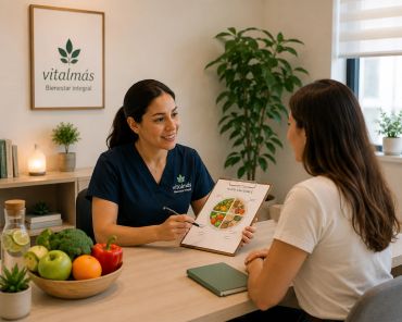 Nutritionist consulting a woman with a healthy food chart in a cozy office.