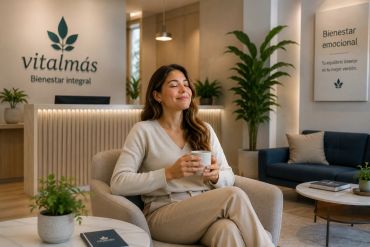 Woman enjoying a peaceful moment with a cup of tea in a cozy wellness center.